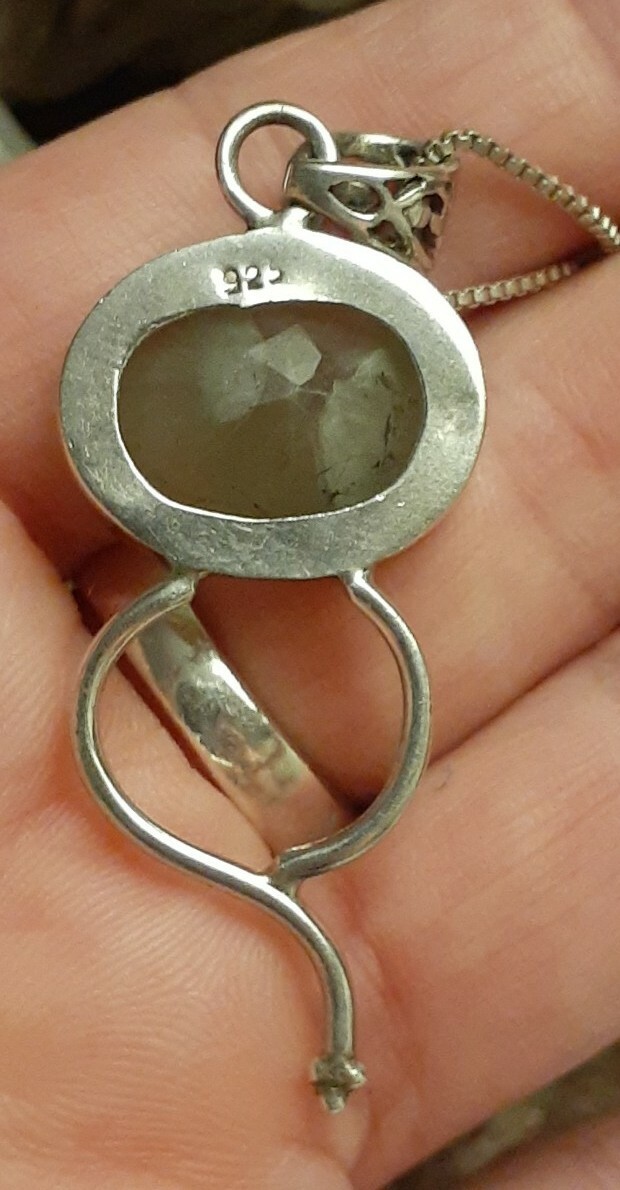 Fine Sterling Silver Prehnite Gemstone 2.25″ Pendant 18″ Box Chain Necklace