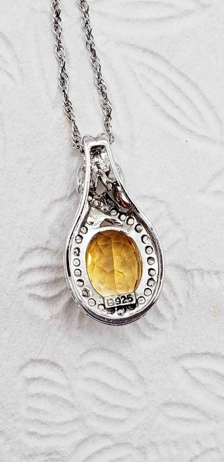 Yellow Oval Citrine & CZ Halo Pave Pendant Necklace 18″ Sterling Silver 925