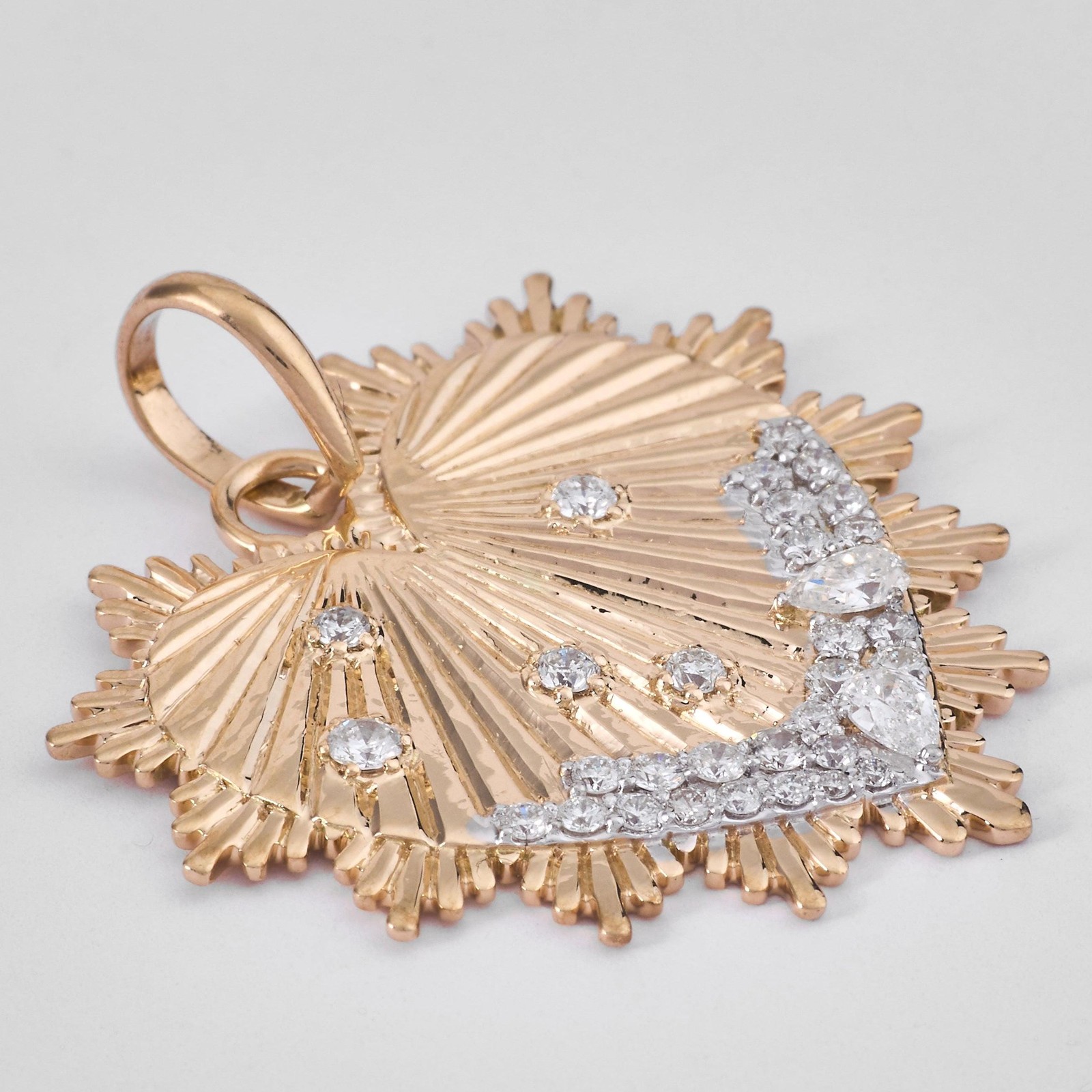 0.61 Natural Diamonds Sunburst Heart Pendant 14K Gold Medallion Pave Layering