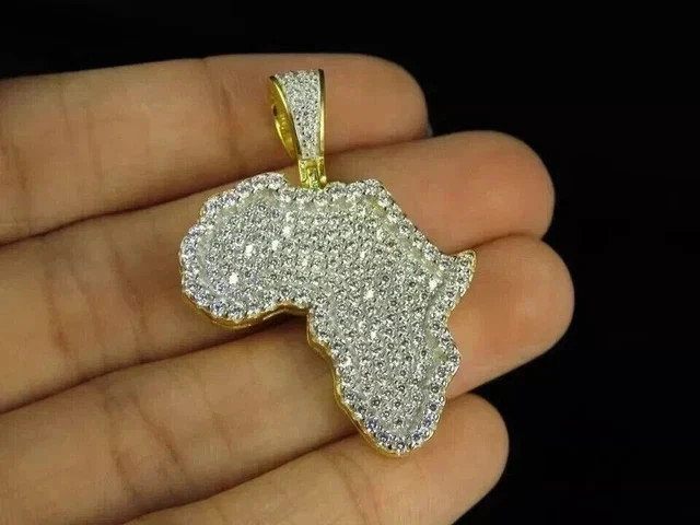 3 Ct Round Cut VVS1 REAL Moissanite Africa Map Men’s Pendant Yellow Gold Plated.