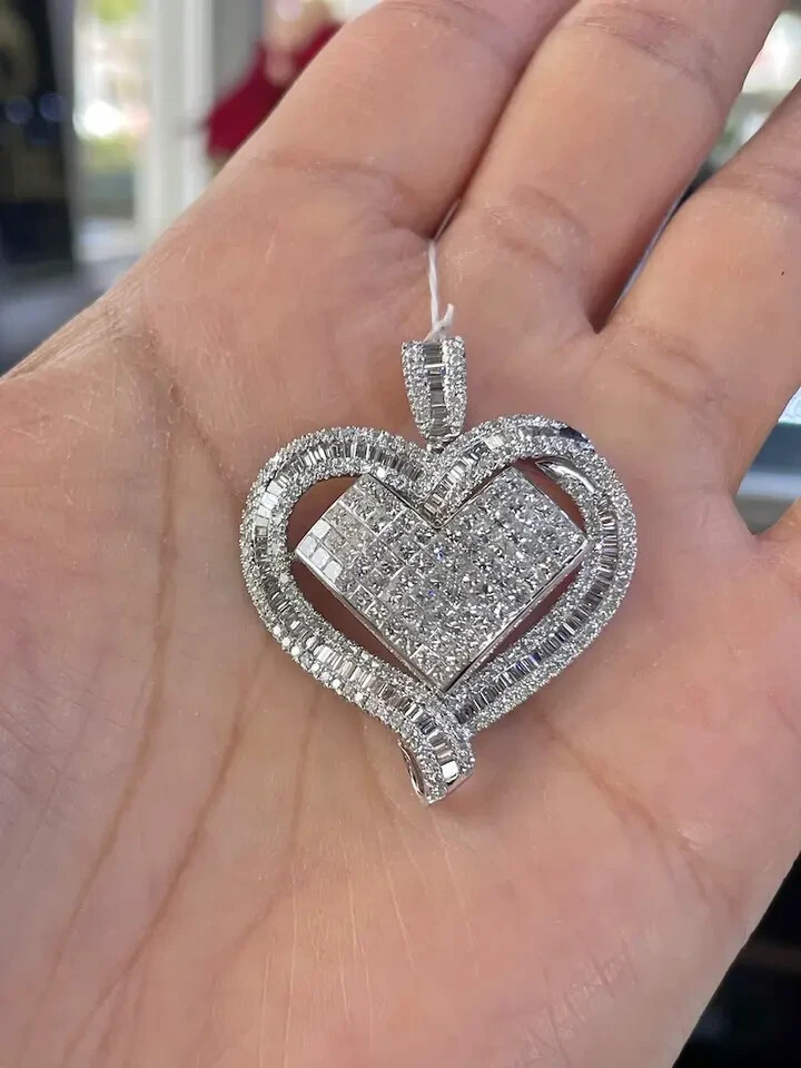 3Ct Round Cut Real Moissanite Heart Pendant 14K White Gold Plated Free Chain