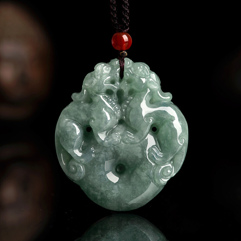 Natural Jadeite A Grade Jade Pendant Light Jadeit Lucky Double Pixiu Pendant