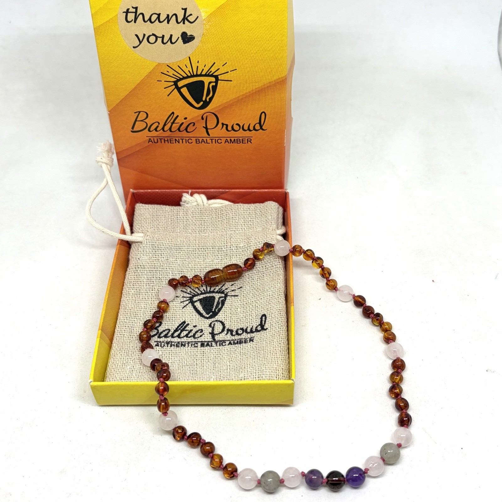 Baltic Proud Authentic Amber & Quartz Child Necklace 13” EUC In Box With Pouch