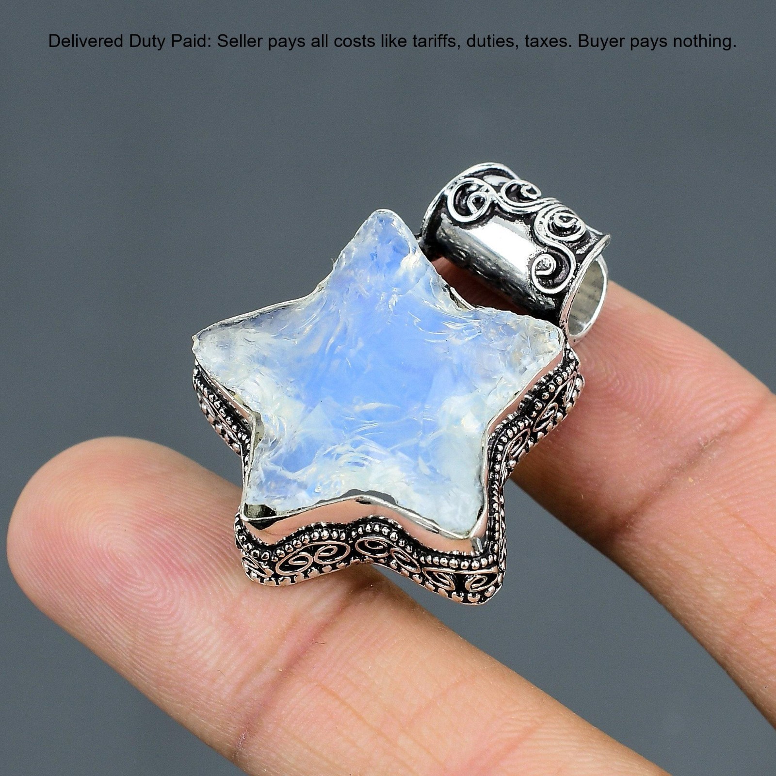 Milky Opal Rough Gemstone 925 Sterling Silver Bezel Star Vintage Pendant Jewelry