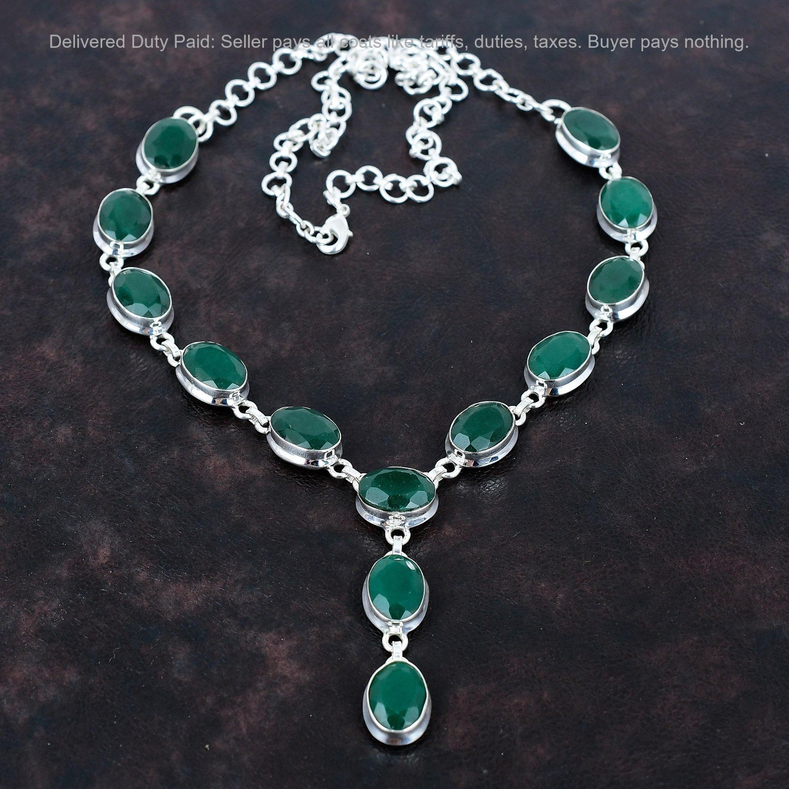 Christmas Sale 925 Silver Zambian Emrald Gemstone Wedding Chain Bezel Necklace