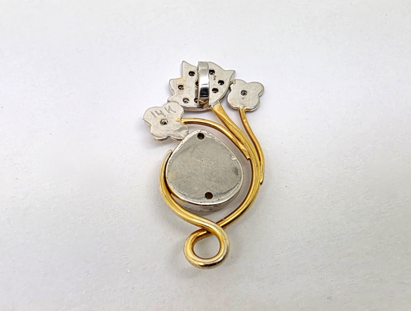 VINTAGE 14K WHITE/YELLOW GOLD OPAL & DIAMONDS SLIDE PENDANT,1 3/8″