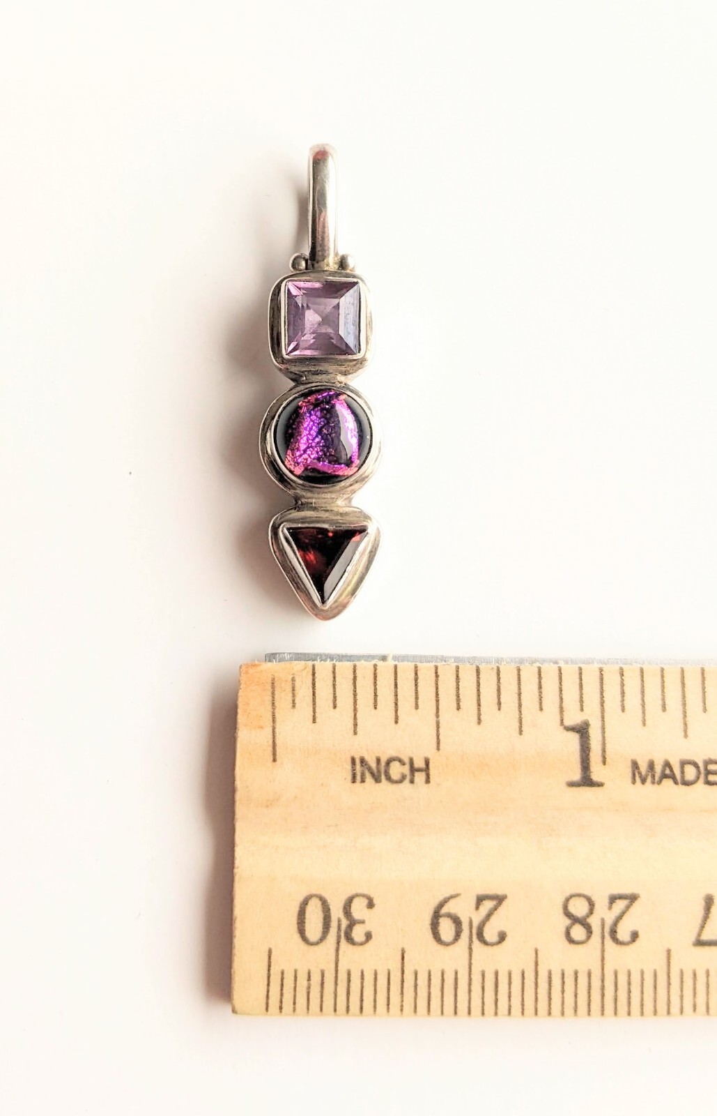 Vintage 3 Stone Sterling Multi Cut Purple Gemstone 1½” Drop Dangle PENDANT