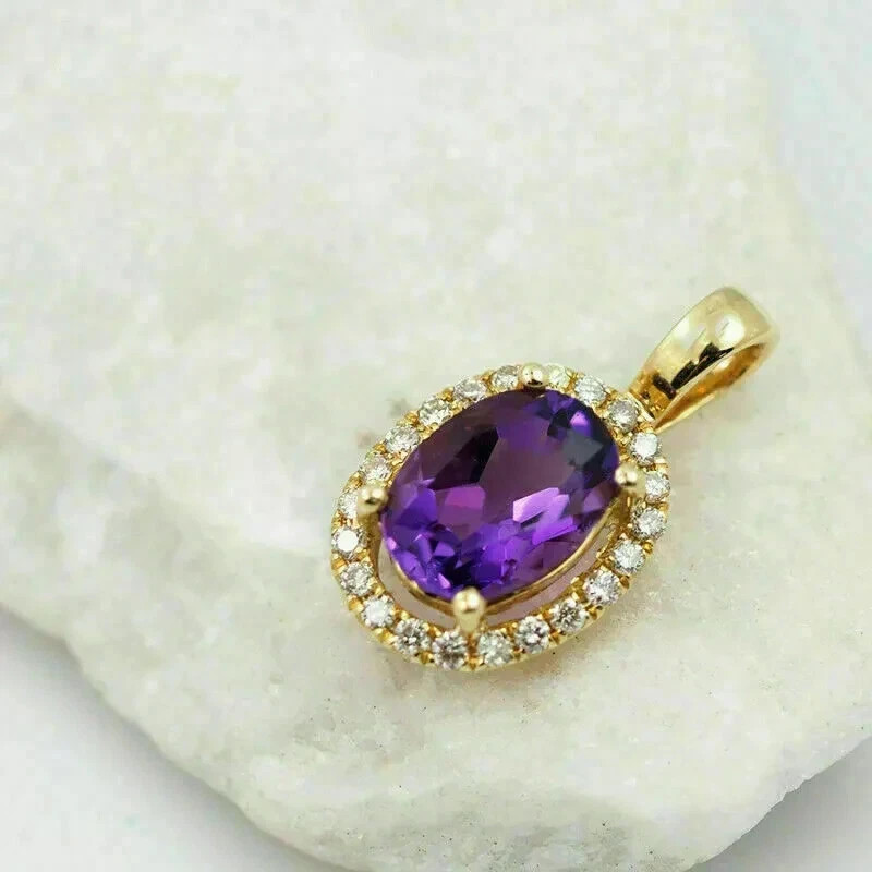 2.50 Ct Oval Cut Amethyst Diamond Halo Pendant 14K Yellow Gold Finish Free Chain