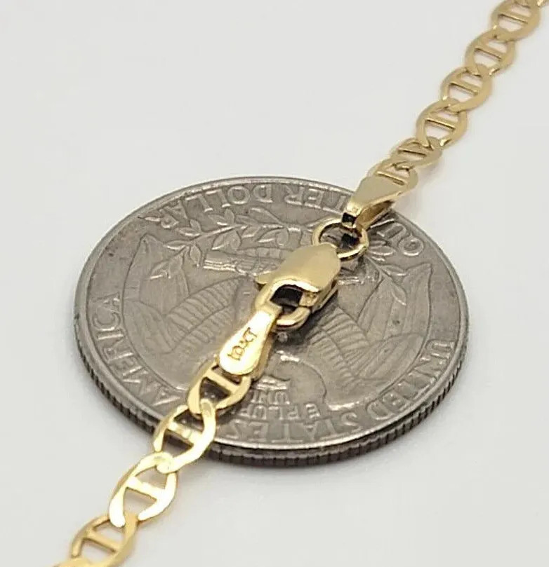 10K Solid Yellow Gold Mariner Link Chain Bracelet Necklace 3.2mm~6mm Size 7″~26″