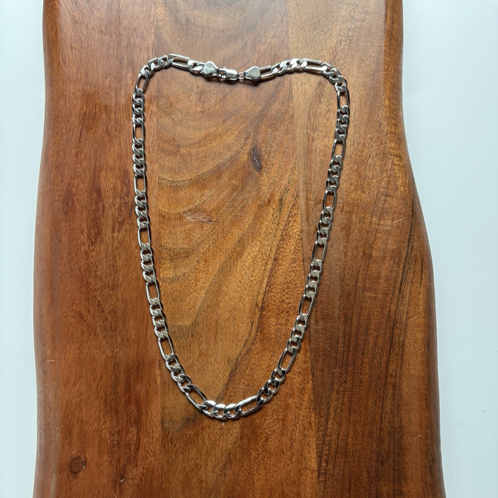 Sterling Silver 925 Heavy Figaro Link Chain 20 in 7mm 34.2g High Polish Rhodium