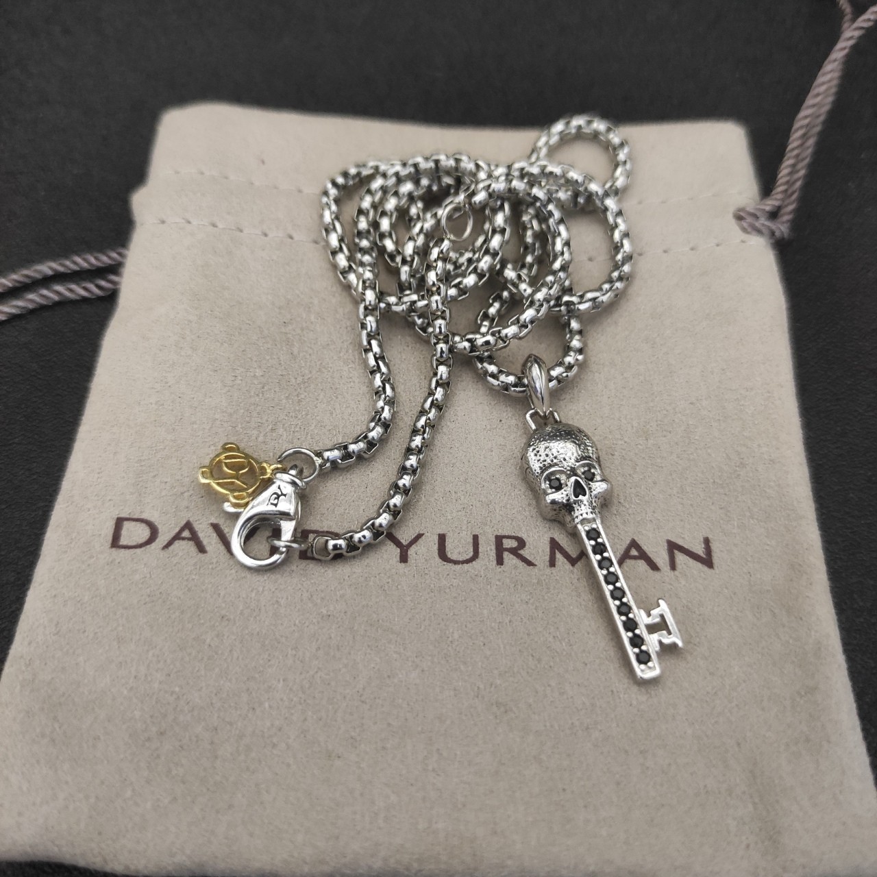 925 Silver David Yurman 3mm Skull Key Amulet Pendant 20″ with Black Diamond