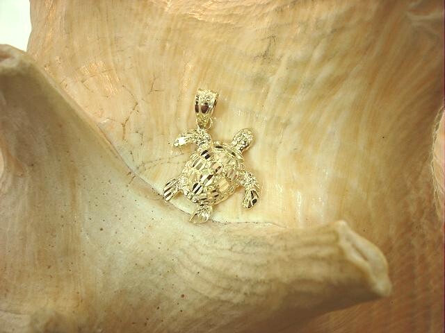 16MM SOLID 14K YELLOW GOLD SPARKLY DIAMOND CUT DC HAWAIIAN TURTLE PENDANT SML