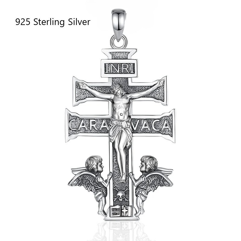 925 Sterling Silver Caravaca Crucifix with Angels Necklace