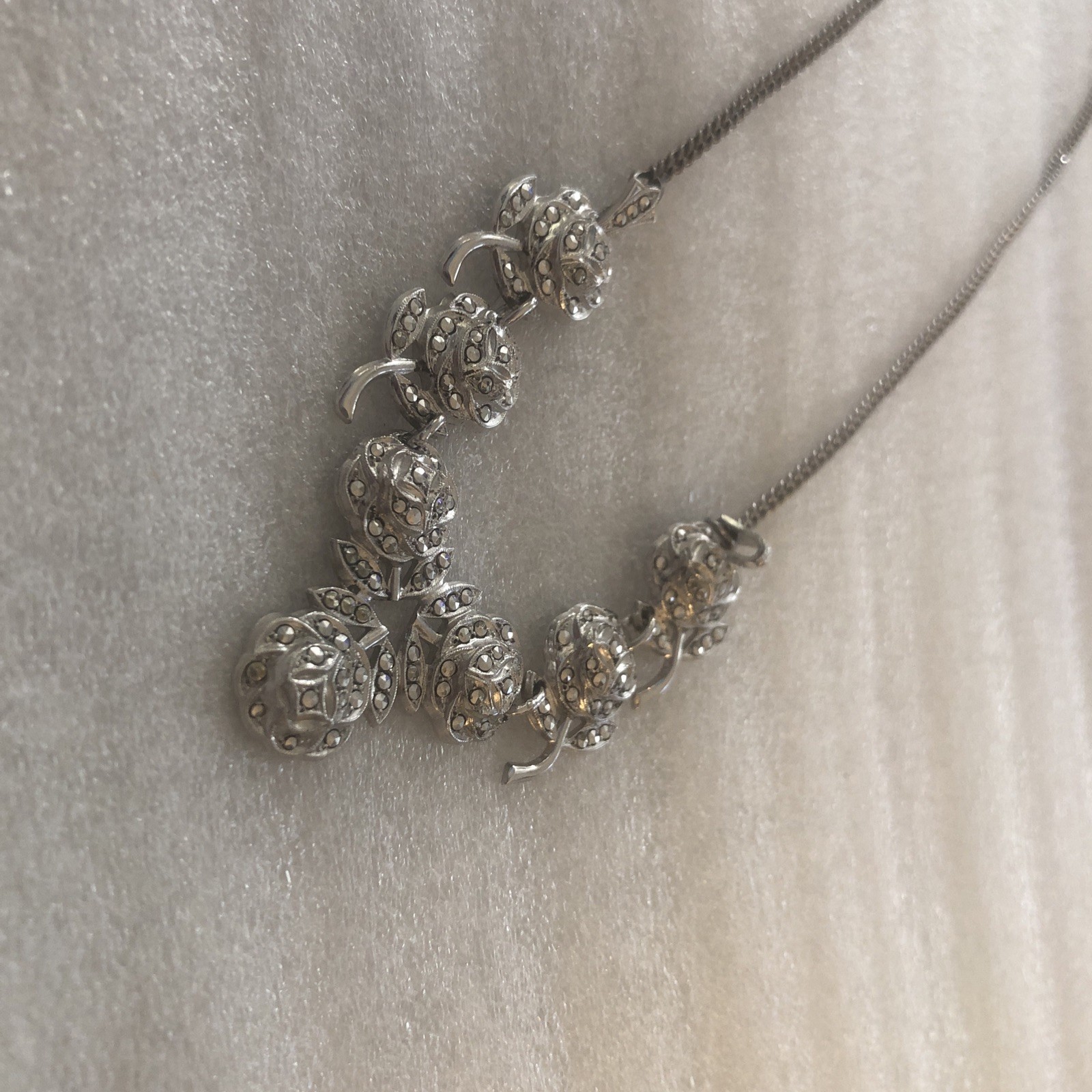 Sterling Silver Flower Necklace With Marcasite Gorgeous 17 Inches Long