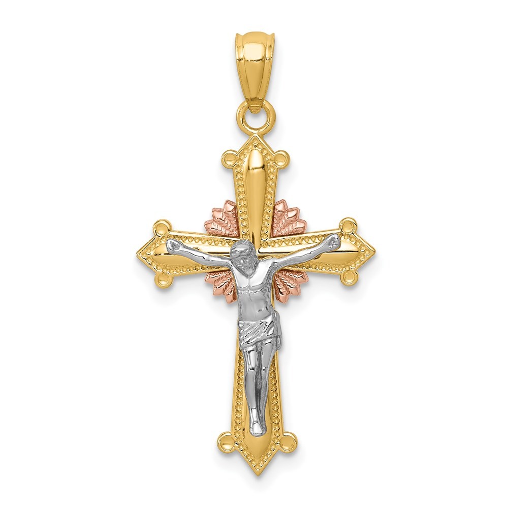 14k Tri-Color Gold Polished Crucifix Pendant L-1.25 Inch, W-0.69 Inch 1.53gm