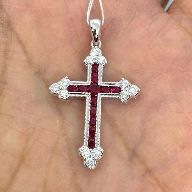 Round Cut Lab Created Red Ruby Womens Cross Pendant Chain 14K White Gold Plated