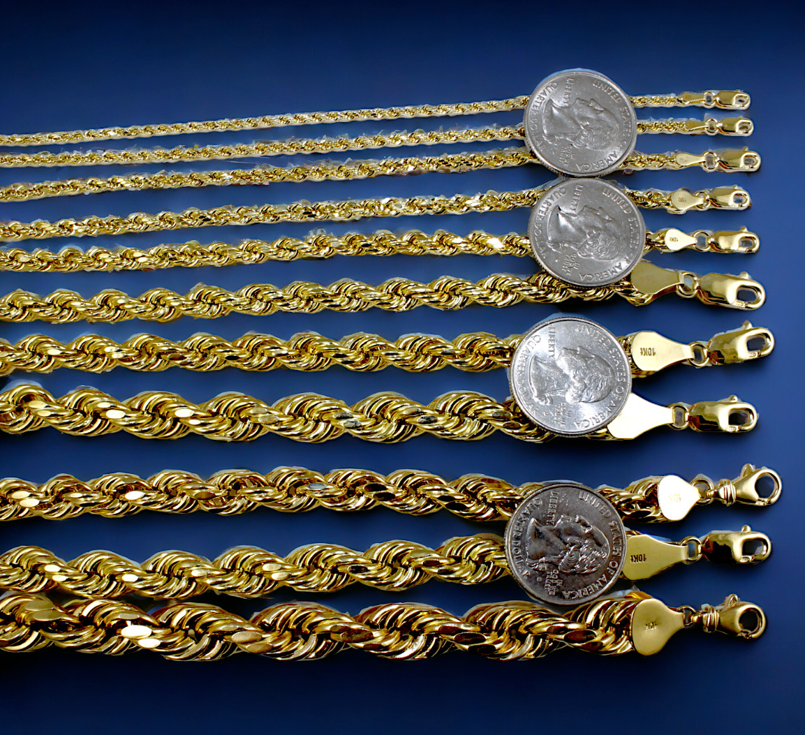 10K Yellow Gold Rope Bracelet Chain Diamond Cut Real Gold 2mm-10mm 7″-9″