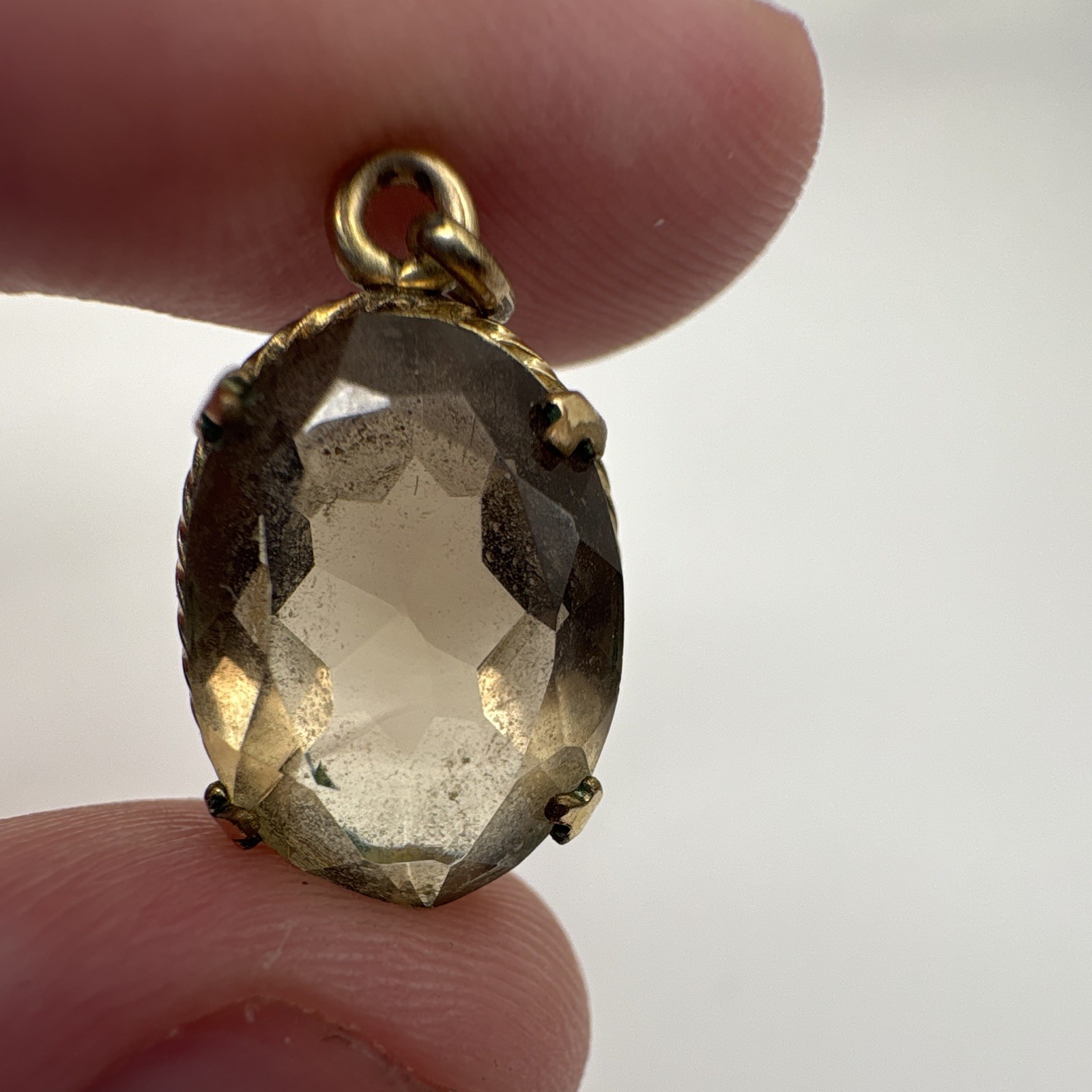 10k Yellow Gold Filled Smoky Quartz Oval Prong Set Pendant Charm Signed