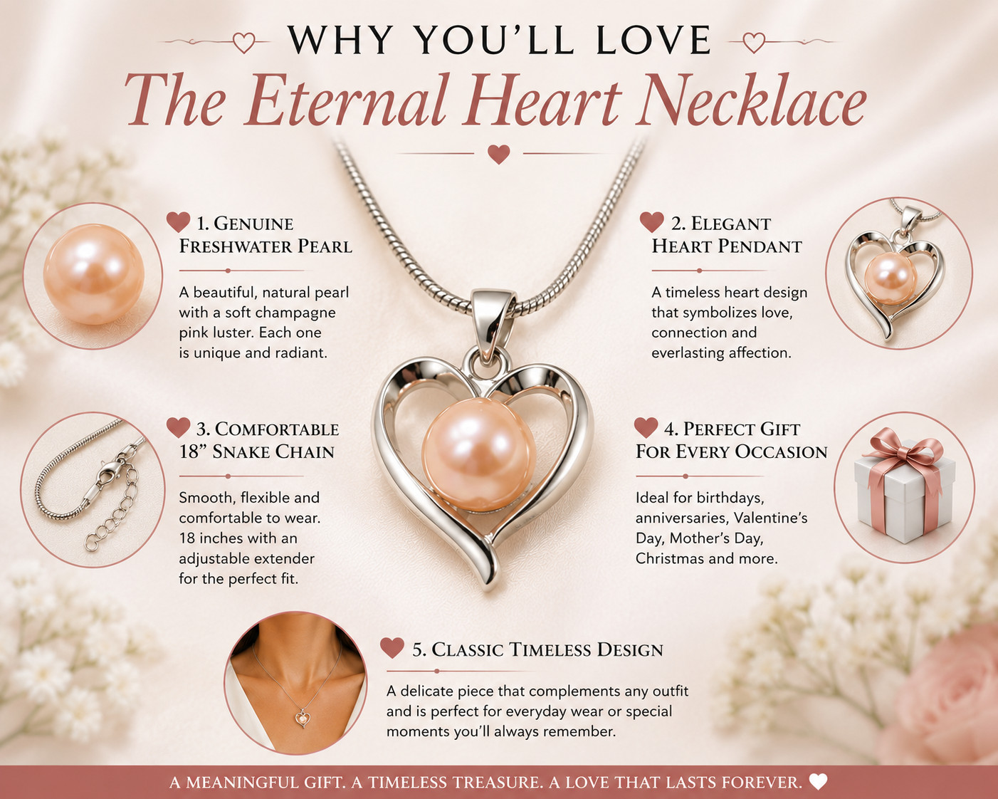 Pink Freshwater Pearl Heart Necklace Genuine pink champagne freshwater pearl