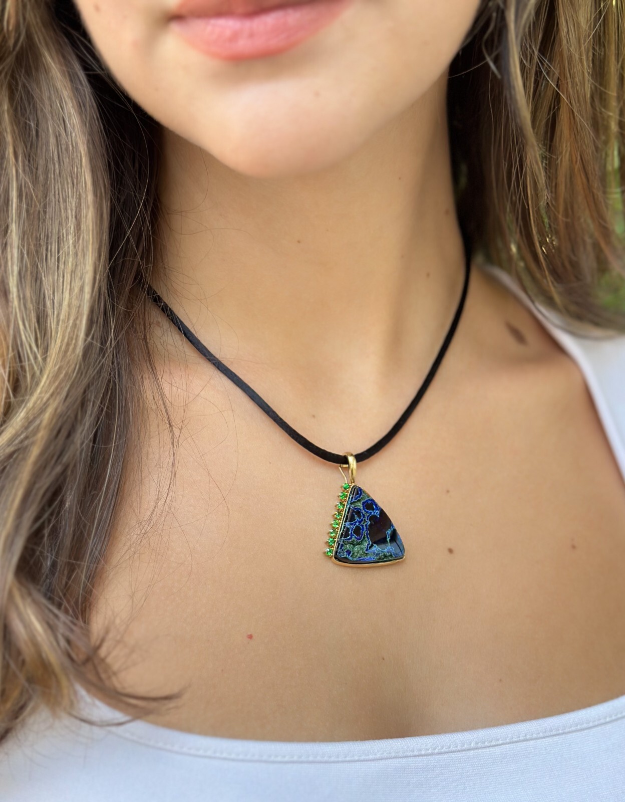 Artisan 18k Yellow Gold Azurite Slab Garnet Enhancer Pendant 1.5″ PG1731