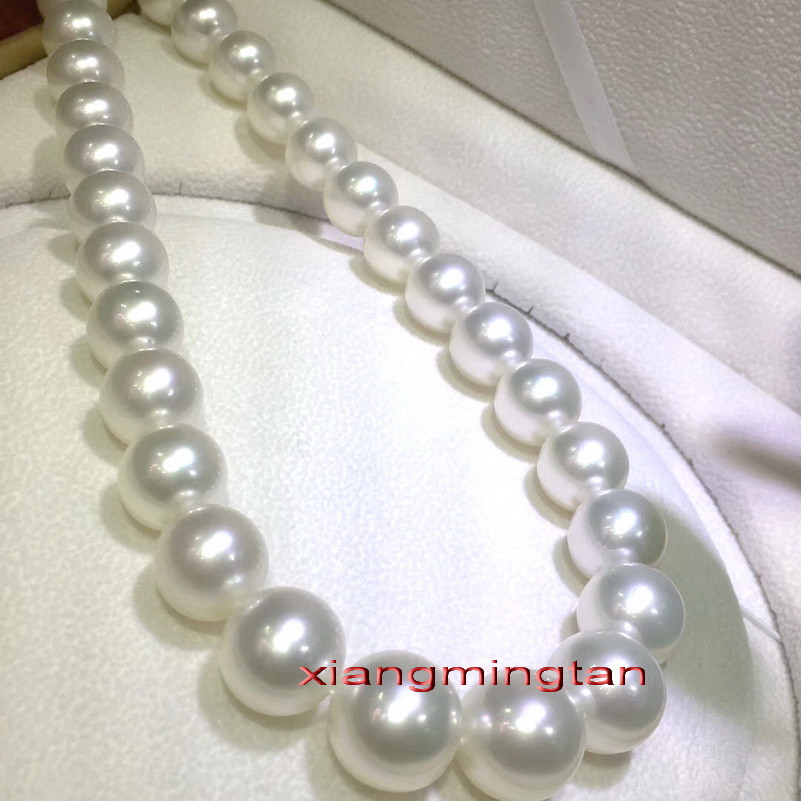 ROUND AAAAA 17″13-15mm real natural south sea WHITE pearl necklace 14K gold