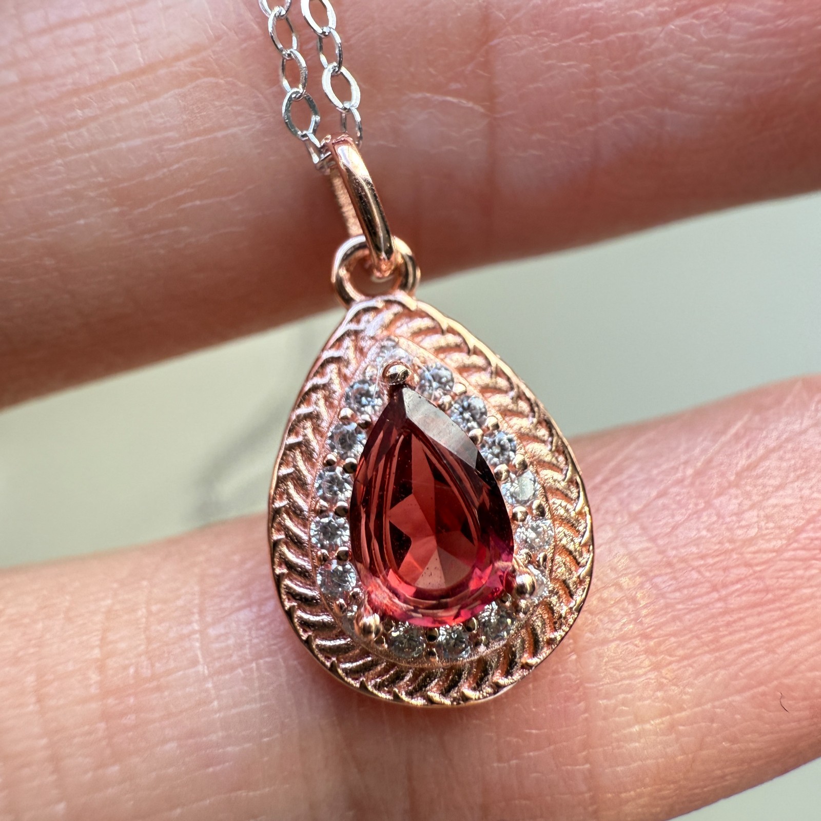 925 Sterling Silver Necklace 6x4mm Natural Garnet Gemstone Zircon Handmade Chain