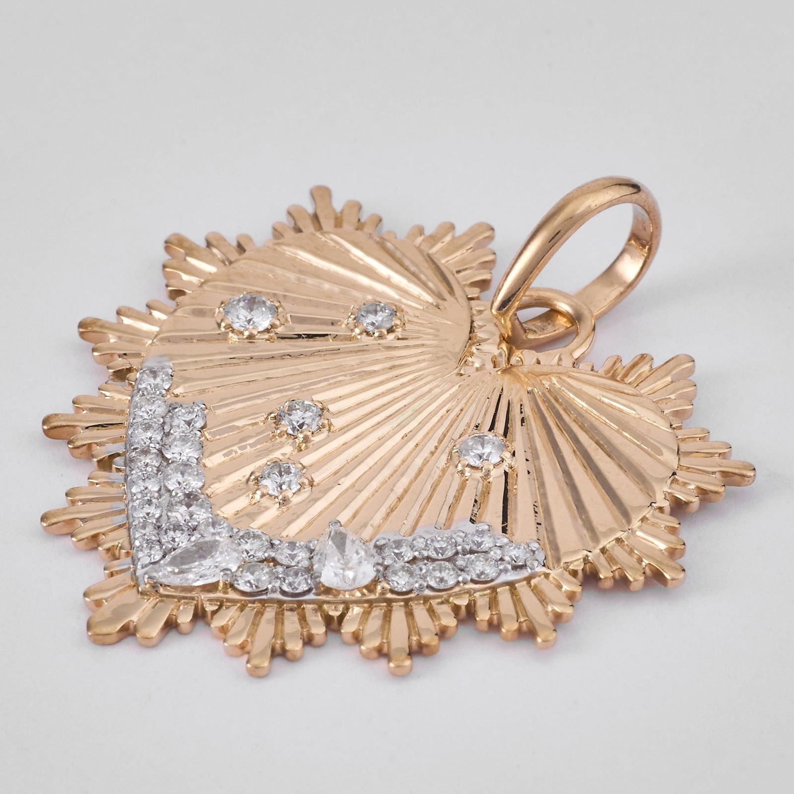 0.61 Natural Diamonds Sunburst Heart Pendant 14K Gold Medallion Pave Layering