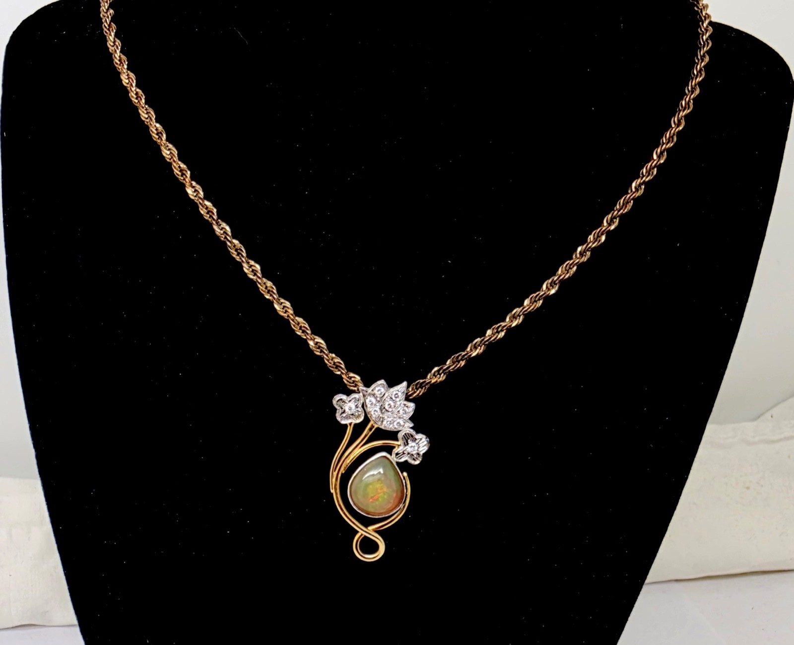 VINTAGE 14K WHITE/YELLOW GOLD OPAL & DIAMONDS SLIDE PENDANT,1 3/8″
