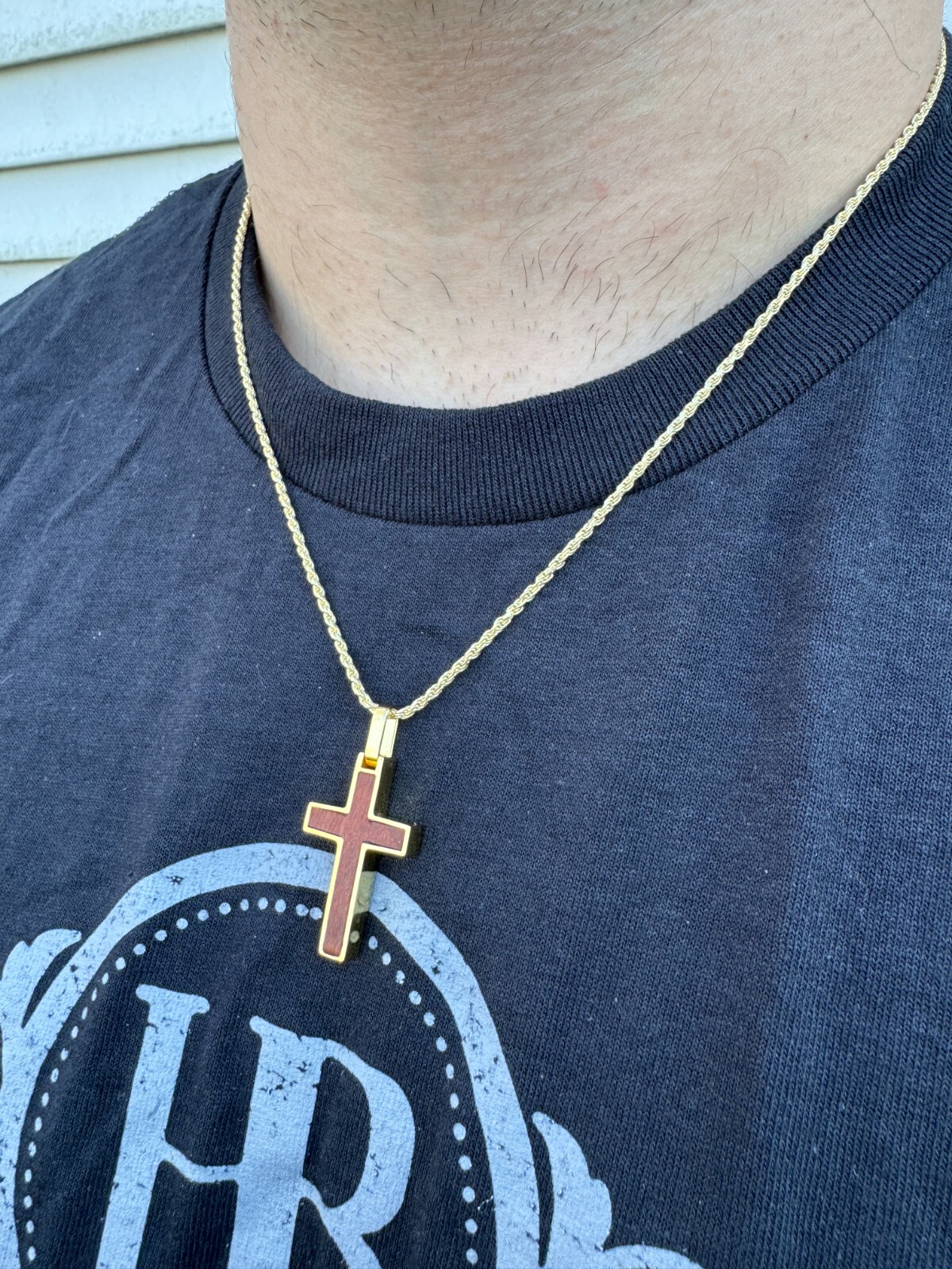 Real 925 Silver & Wood Inlay Plain Religious Cross Pendant Necklace Handmade