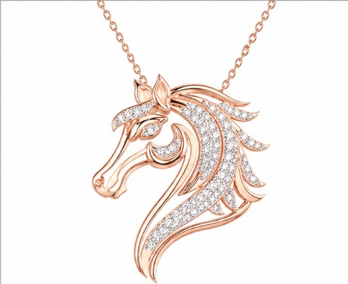 925 Sterling Silver Horse Head Pendant Necklace Moissanite Rose Gold Plated