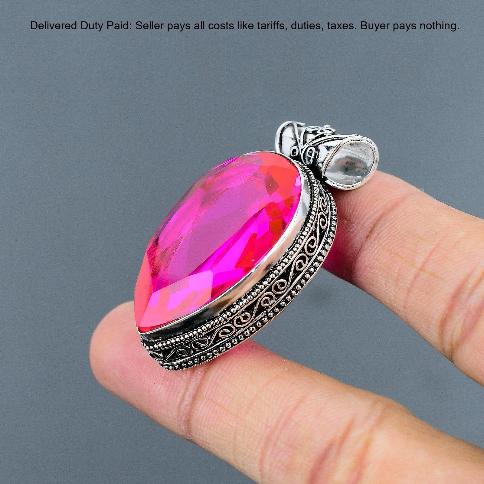 Pear Natural Pink Fire Topaz Bezel Birthday Vintage Wife Pendant Sterling Silver
