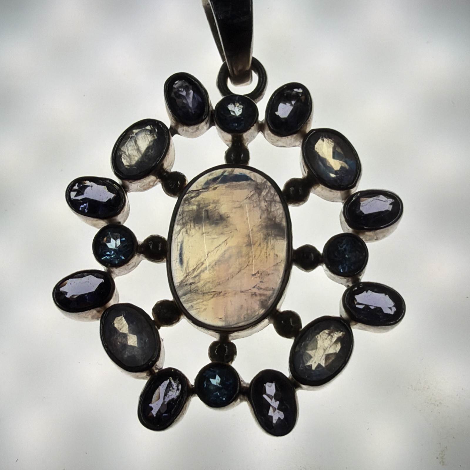 Sterling Silver SJ 925 Moonstone Amethyst Topaz Multi Gem Large Pendant Unique