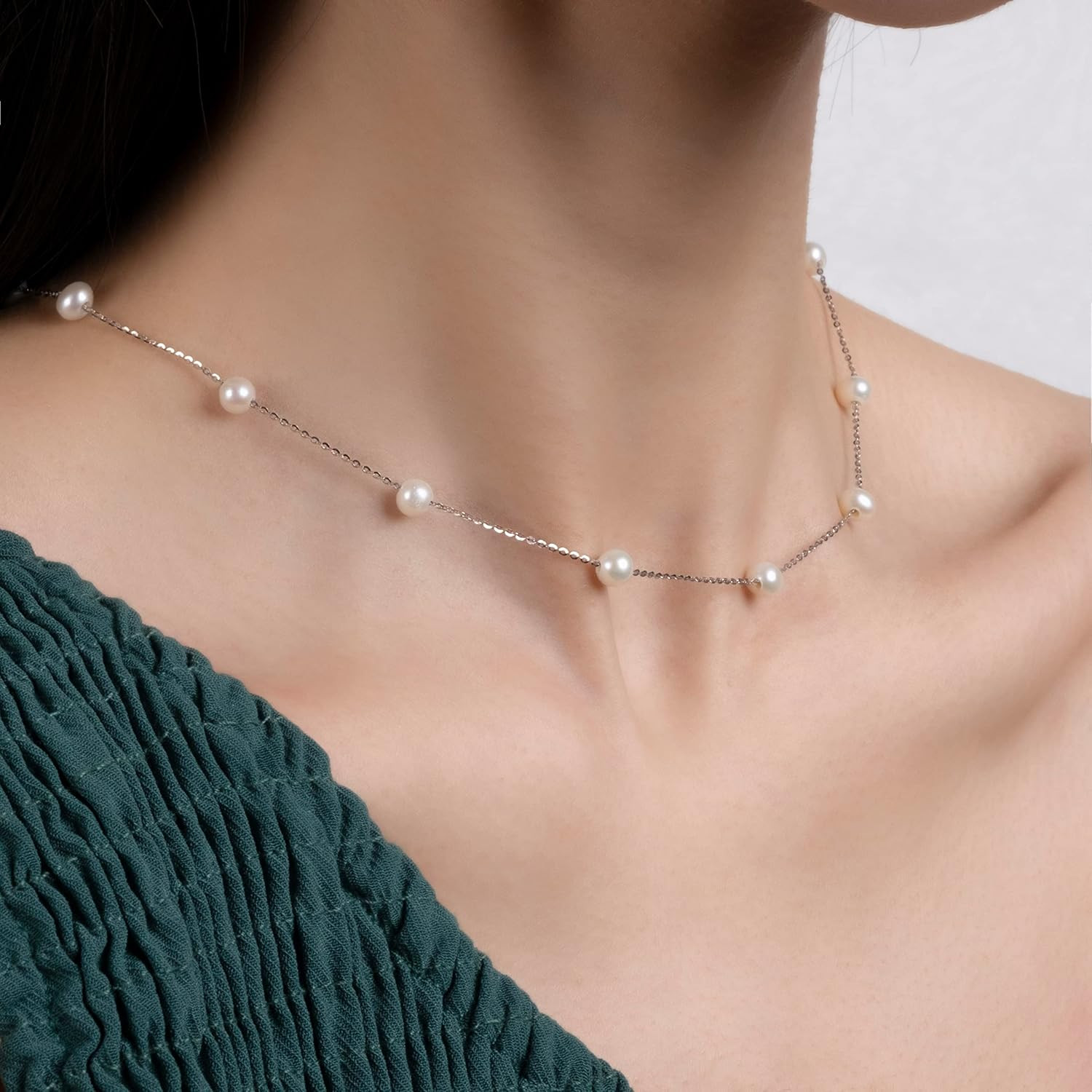 925 Sterling Silver Dainty Freshwater Cultured Pearl Choker Necklace White Genui