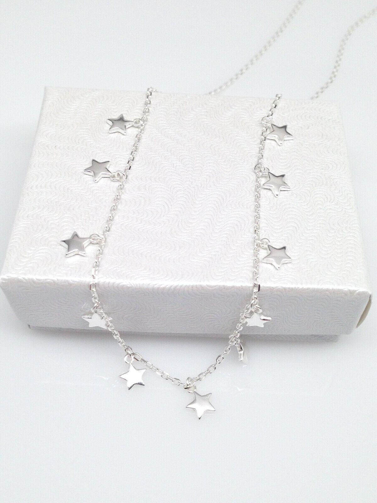 925 Sterling Silver Dangle Star Station Choker Necklace Dainty 3.5mm 15.5″ Women