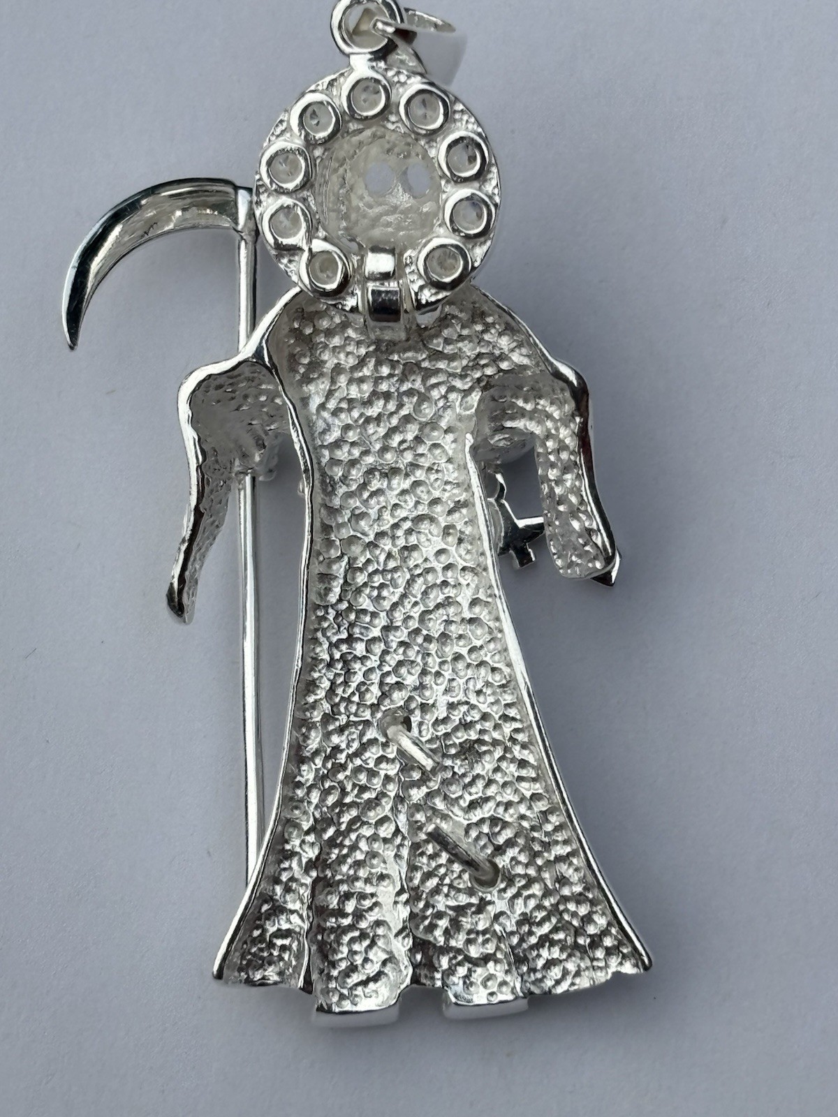 2.5″ ICED 925 STERLING SILVER LA SANTA MUERTE GRIM REAPER PENDANT CZ ONYX