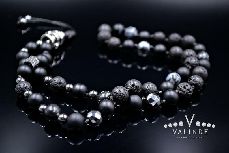 Mens Skull Necklace Cubic Zirconia Obsidian Lava Onyx Hematite Necklace – 70cm