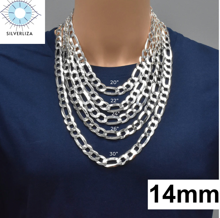 Sterling Silver Men’s Women’s Figaro Solid Chain Bracelet or Necklace 925 Italy