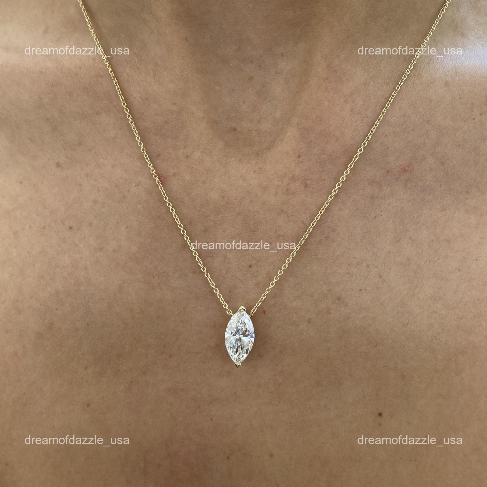 14K Solid Yellow Gold Marquise Lab Grown Diamond Birthday Chain Necklace Jewelry