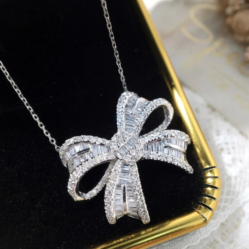 Beautiful 3Ct Baguette Lab-Created Diamond 14k White Gold Plated Bow Pendant 18″