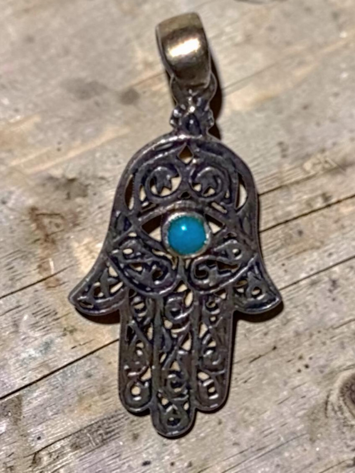 925 Sterling Silver Hamsa Hand Pendant With Turquoise Center Protection Amulet
