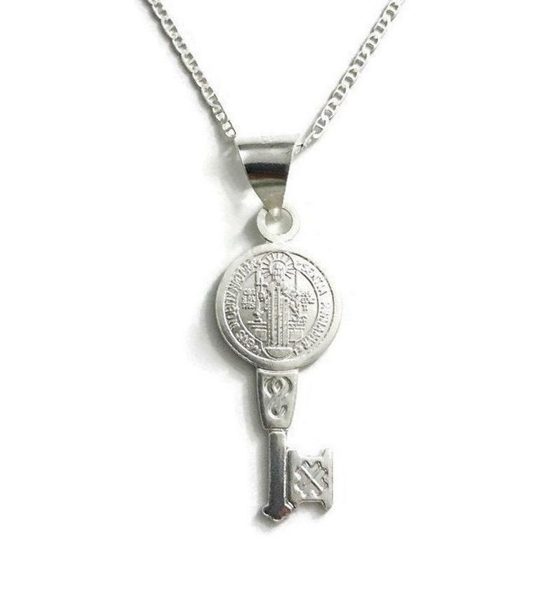 925 Sterling Silver Saint Benedict Key Necklace 18″/Cadena San Benito llave- P63
