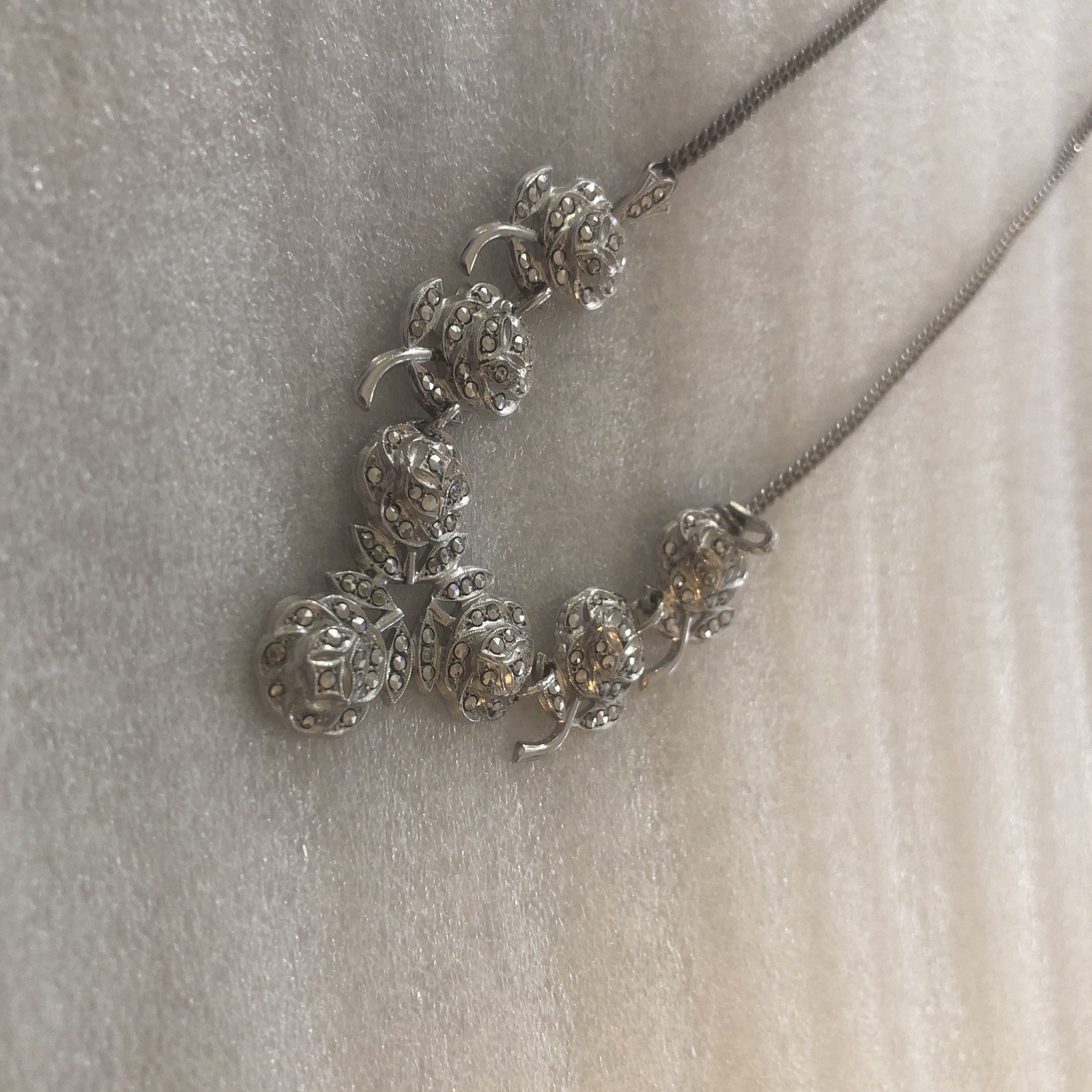 Sterling Silver Flower Necklace With Marcasite Gorgeous 17 Inches Long