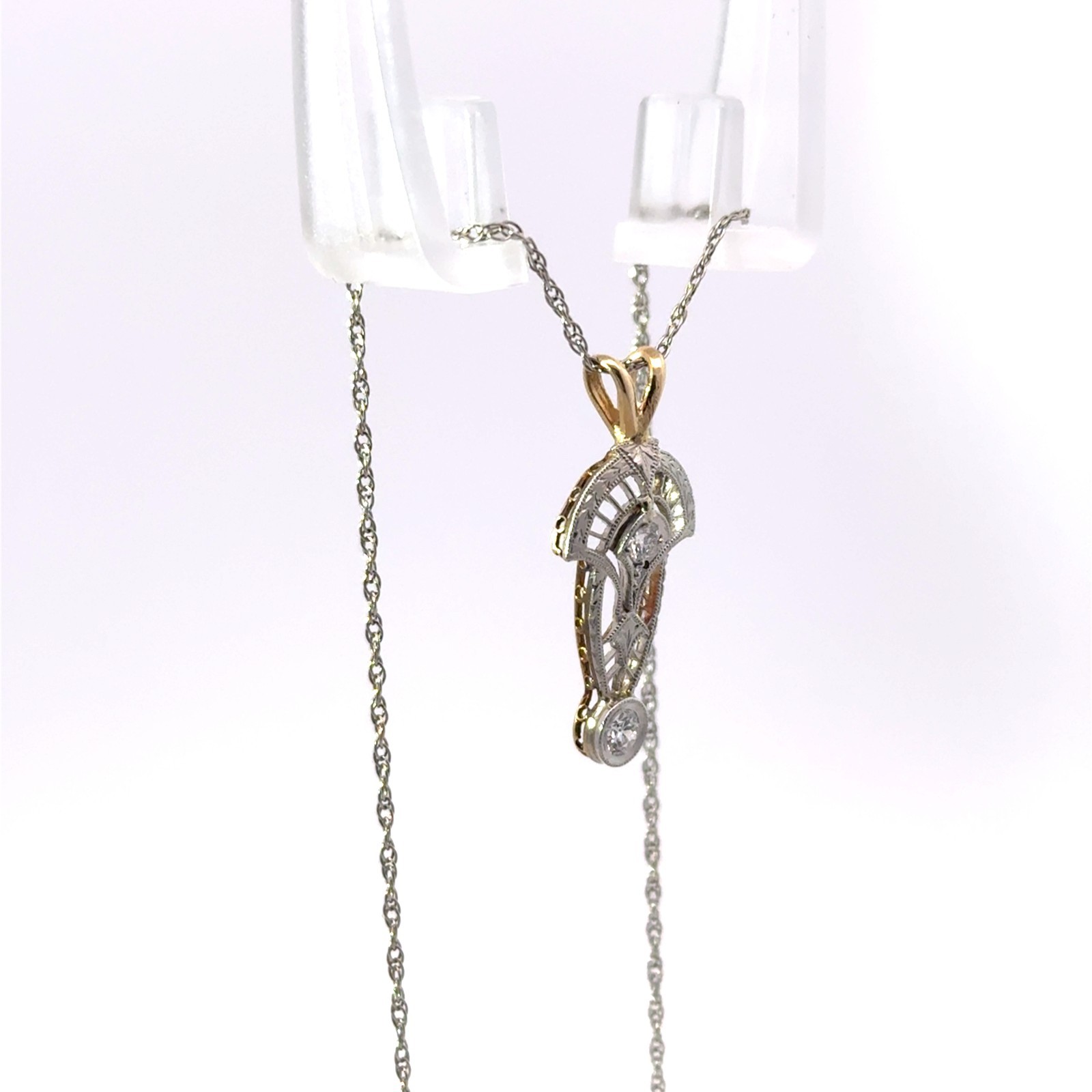 14k Yellow & White Gold Stamped & Platinum Diamond Art Deco Chain Necklace 18″