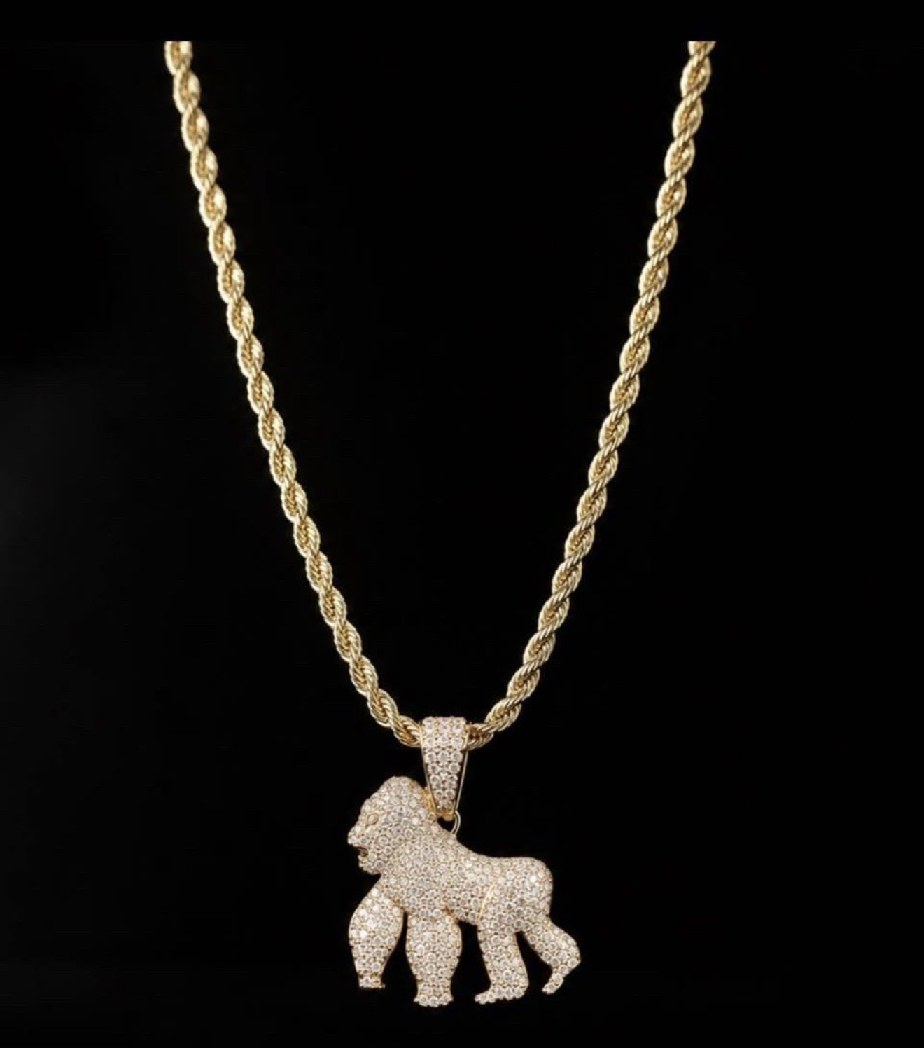 4mm Gold Over Sterling Silver Italy 925 24” Rope With Vvsd Vermeil Gorilla 925