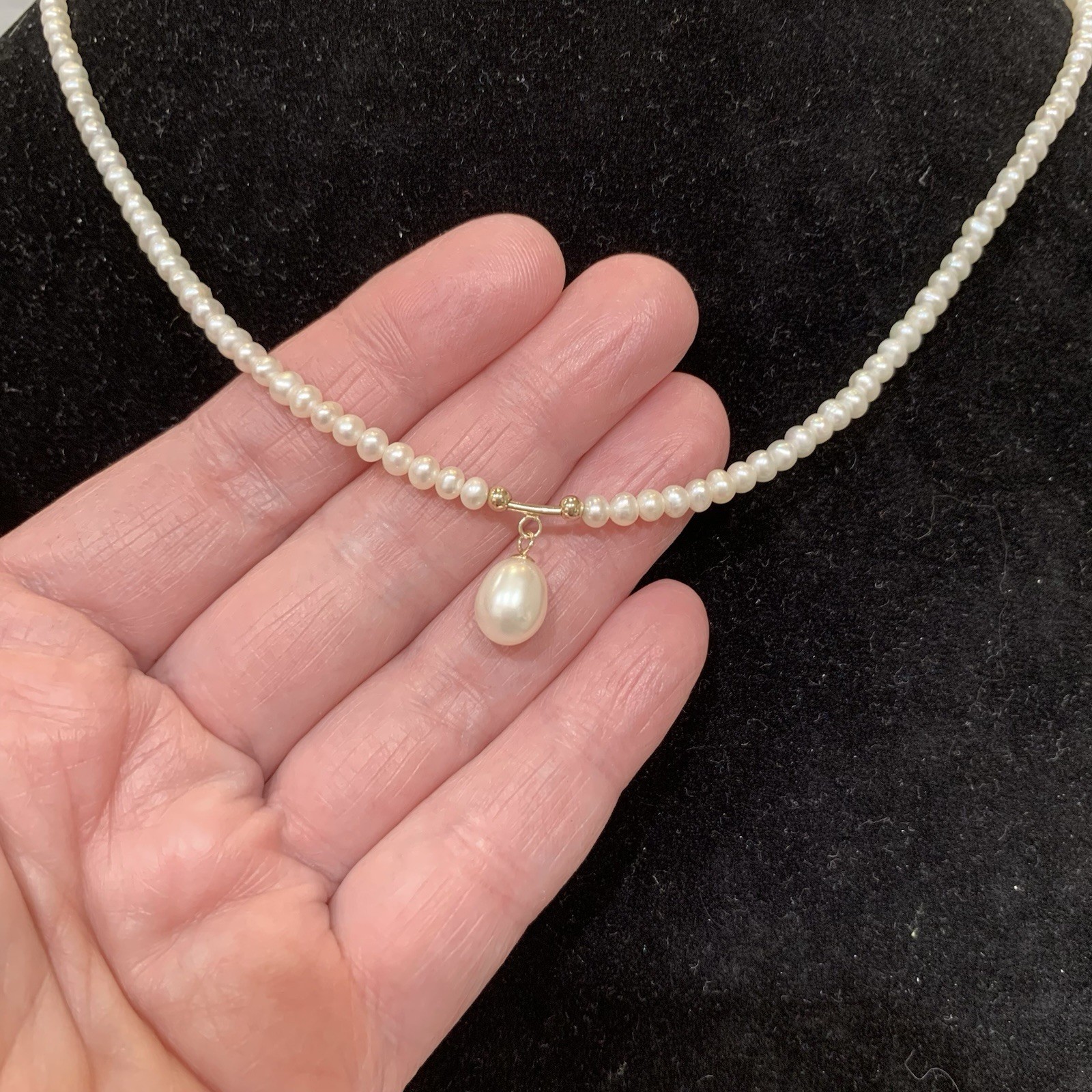 Pearl Necklace & Dangle 14k Yellow Gold 10.33gr FW White Pearl 4mm Dainty 19”