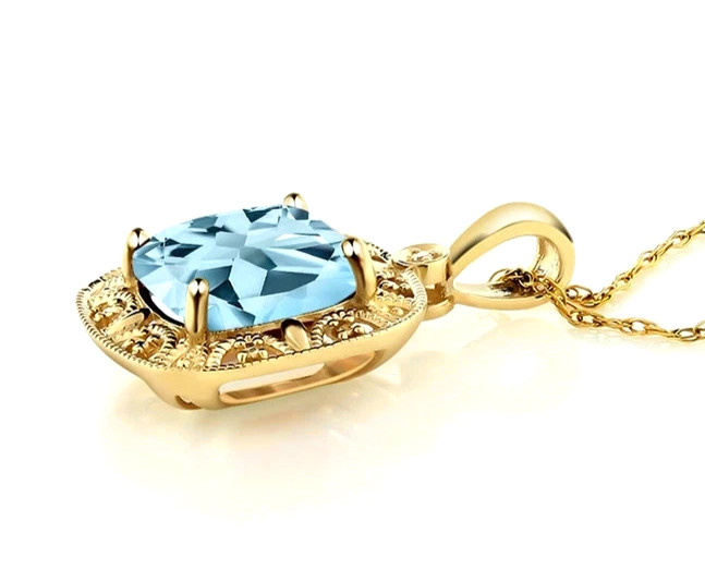 925 Yellow Gold Plated Silver Cushion Cut Sky Blue Topaz and Moissanite Pendant