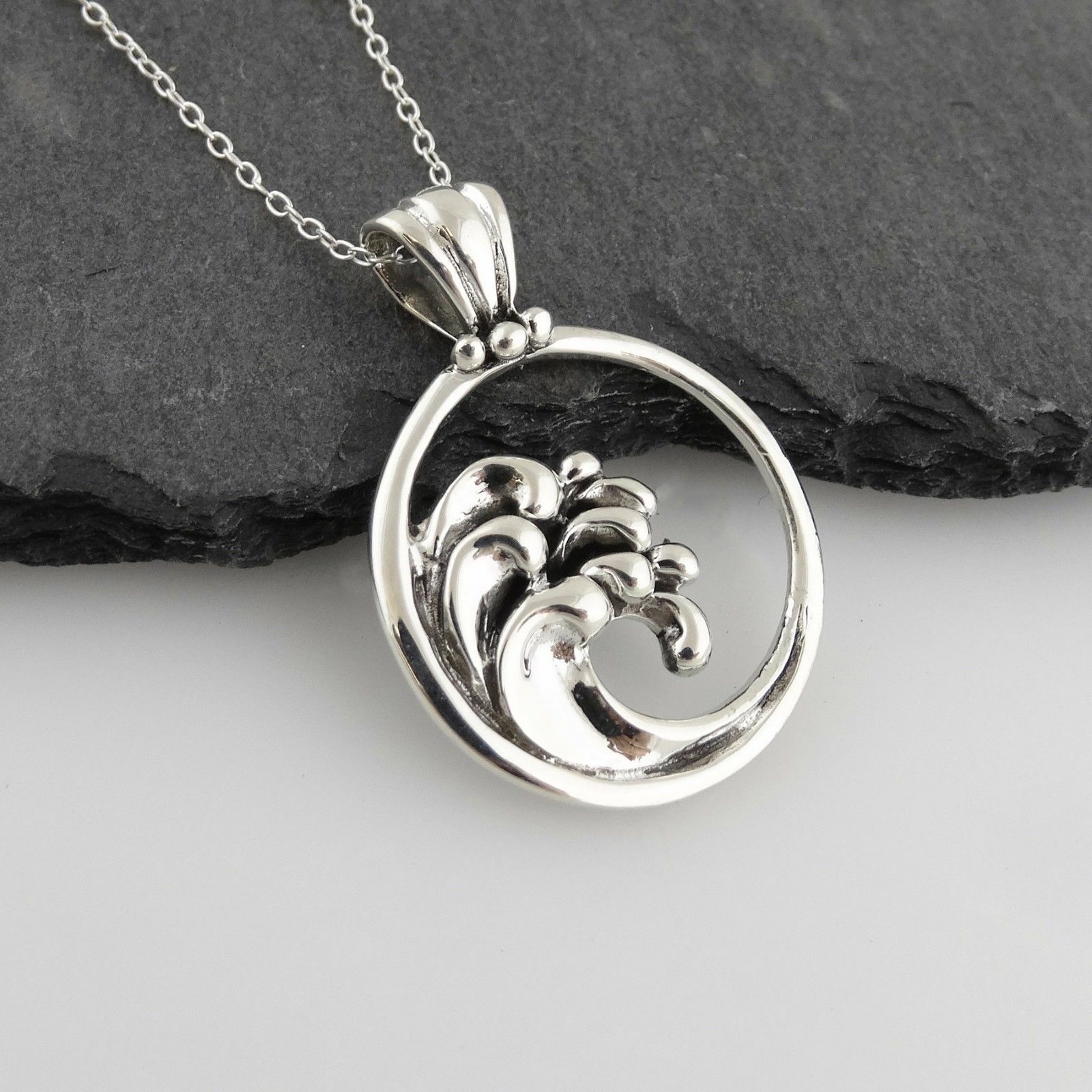 Ocean Waves Necklace – 925 Sterling Silver – Pendant Surf Beach Wave Crashing