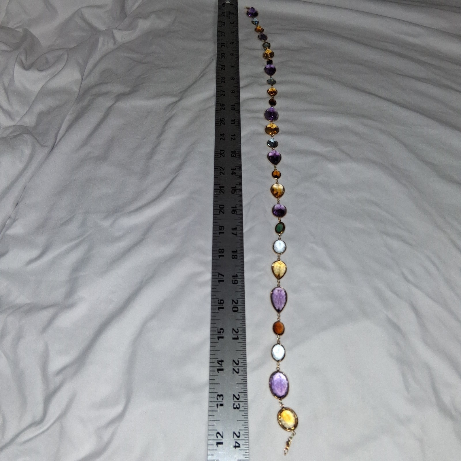 18k Yellow Gold multi color shape stone long necklace