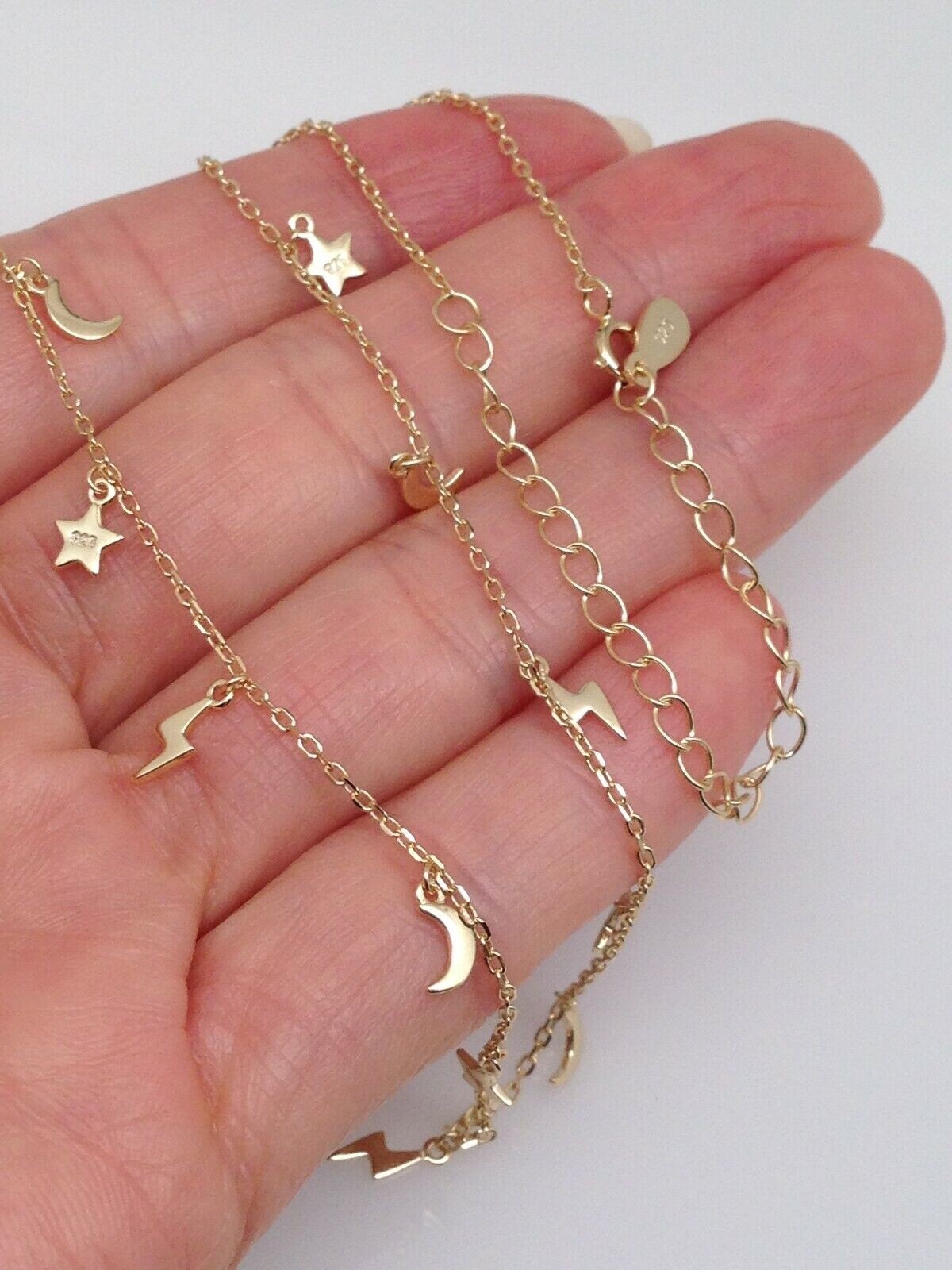 925 Sterling Silver Star Moon Lightning Station Dangle Charm CHOKER Necklace 6mm