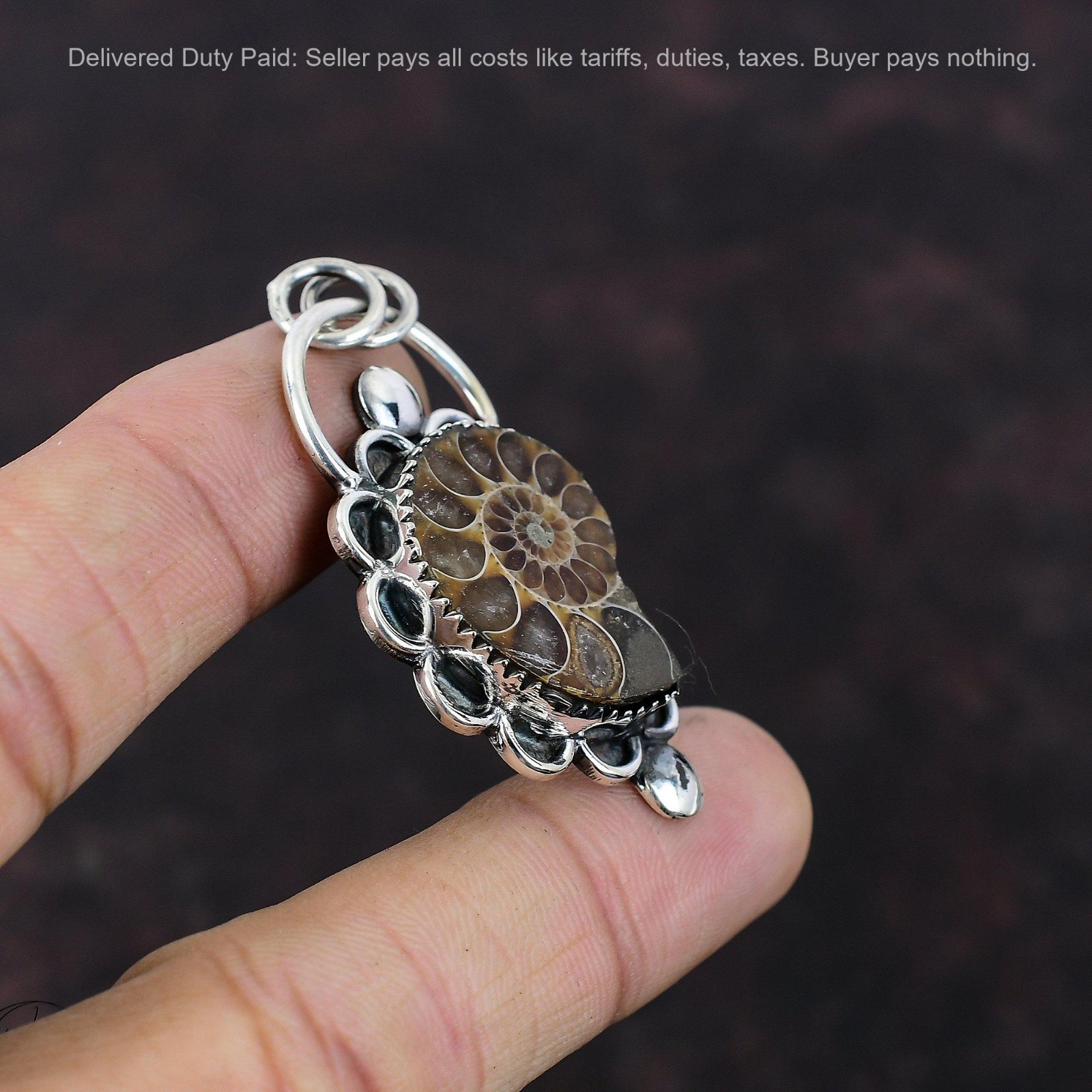 925 Silver Natural Ammonite Fossil Mother Anniversary Elegant Unique New Pendant